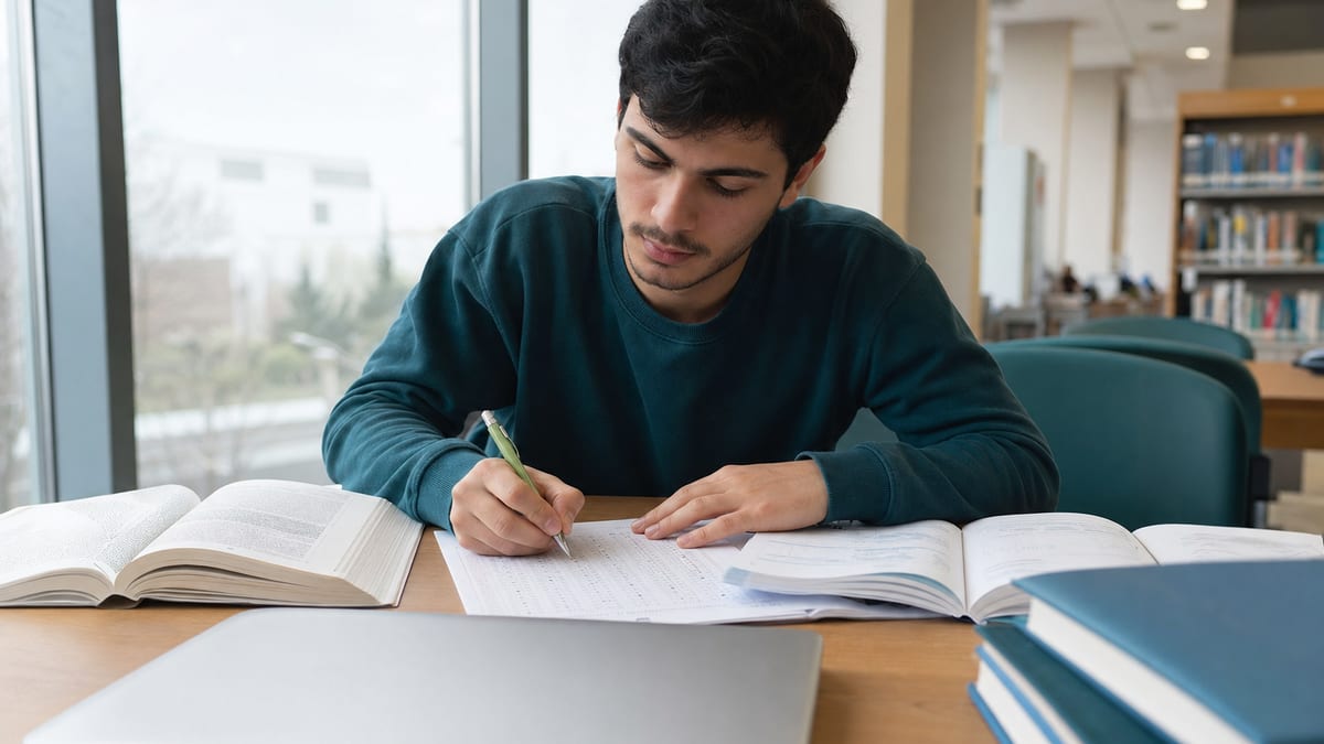 DGS hazırlığı yapan öğrenci kütüphane çalışma masası