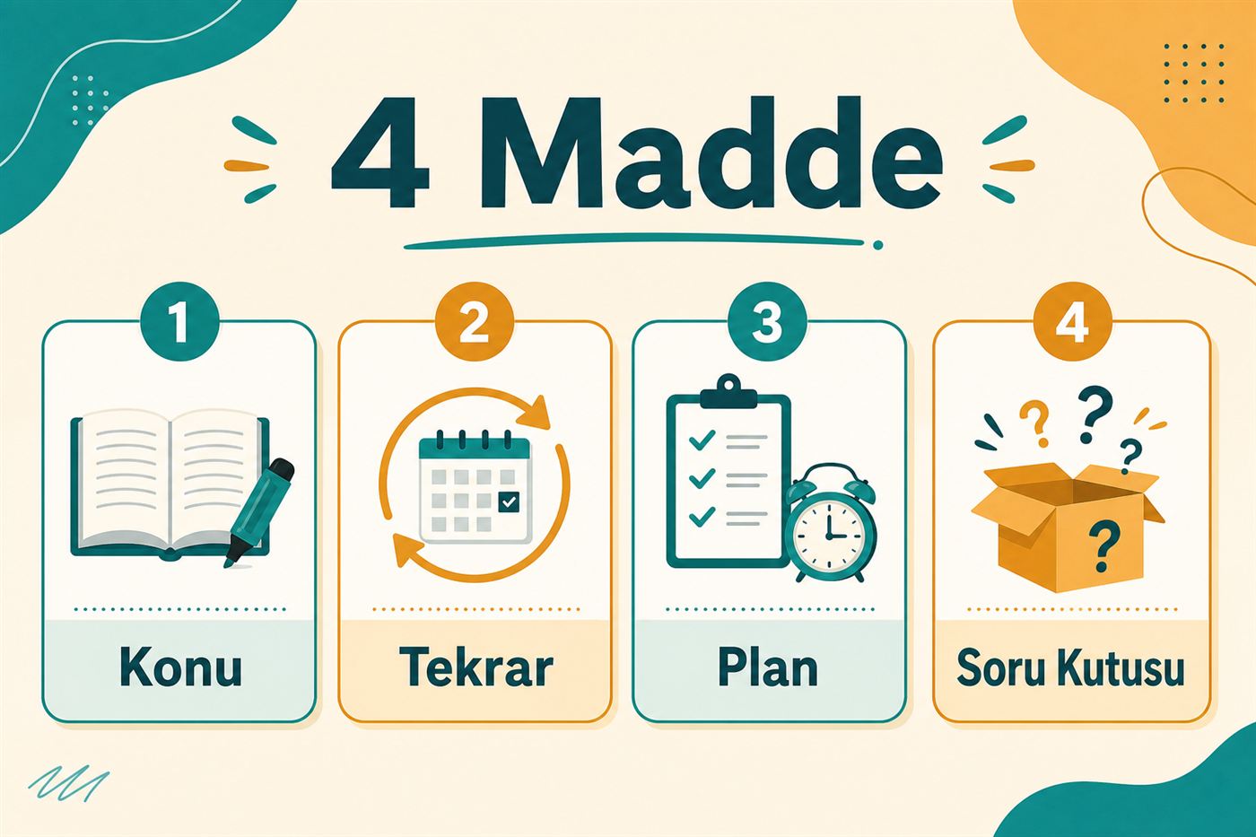 4 madde: konu, tekrar, plan, soru kutusu