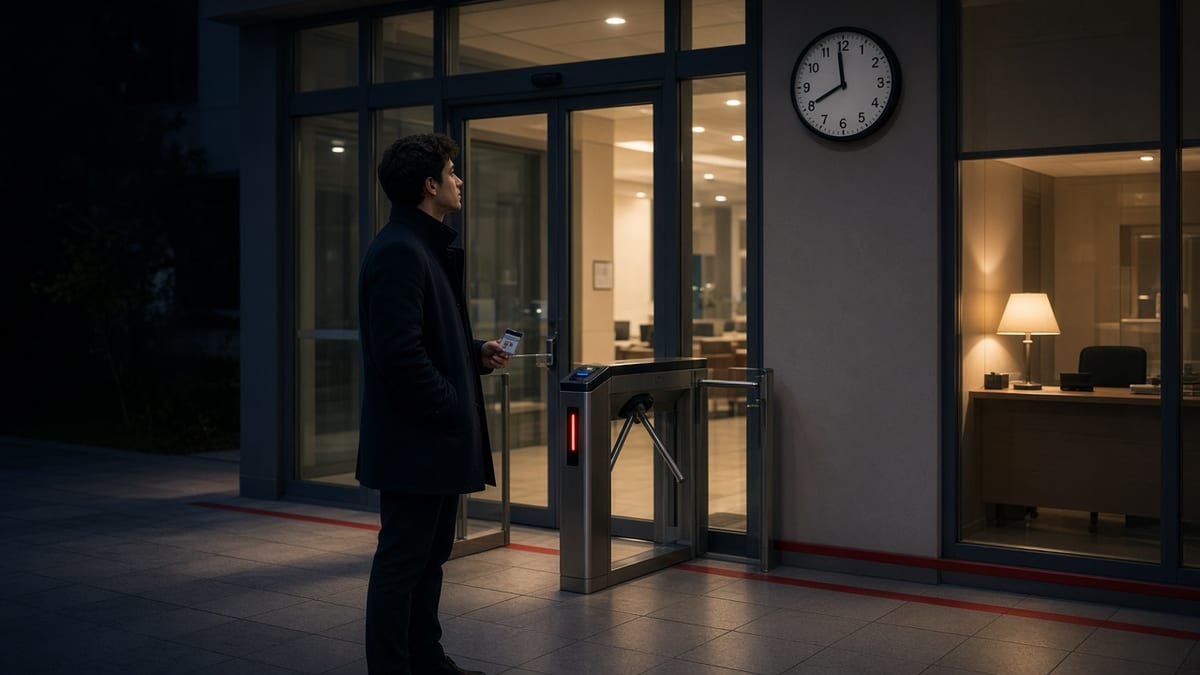 KYK yurt girişinde gece, turnike ve kimlik kartıyla bekleyen öğrenci; duvarda saat 23.00 civarını gösteriyor